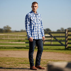 Wrangler Western Shirt Mens XL Blue White Plaid Pearl Snap Long Sleeve Cowboy